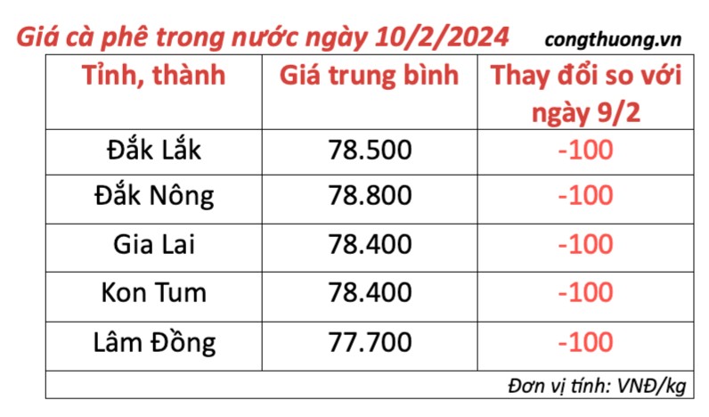 Giá cà phê hôm nay; ngày 10/2/2024: Giá cà phê trong nước tăng trở lại Giá cà phê hôm nay; ngày 10/2/2024: Giá cà phê trong nước