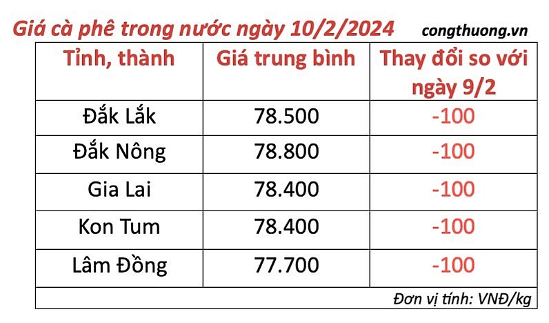 Giá cà phê mới nhất ngày 10/2/2024