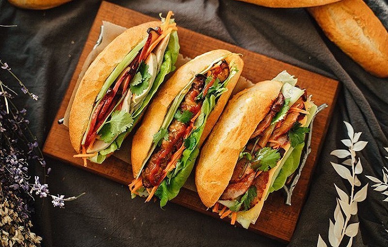 Fresh Vietnamese bánh mì with herbs and pickled vegetables in London