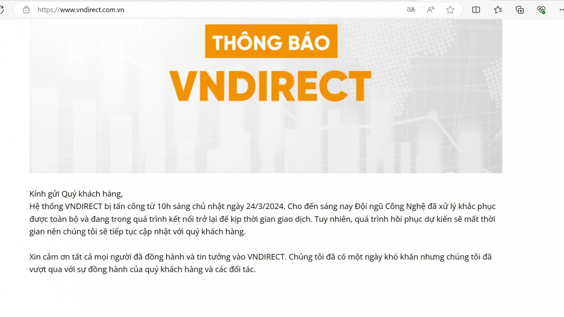 VNDIRECT thông báo về sự cố bị