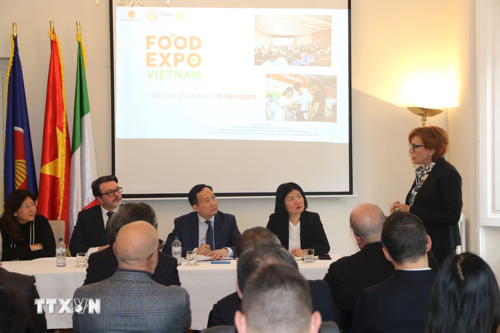Đại diện các doanh nghiệp phát biểu tại cuộc gặp doanh nghiệp và nhà đầu tư hai vùng Puglia và Basilicata. (Ảnh: Dương Hoa/TTXVN) ttxvn_2903_vietnam italy (1).jpg
