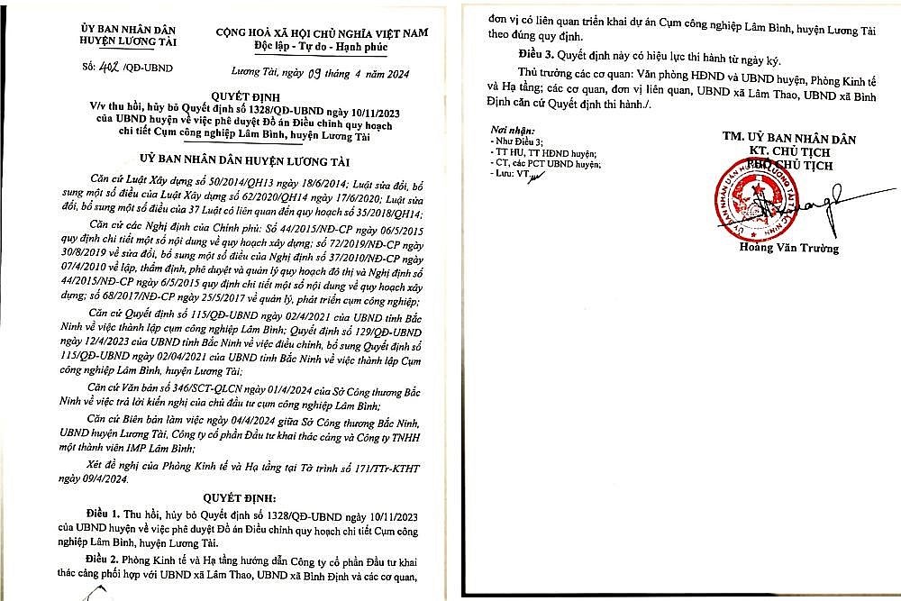 Bắc Ninh: Vì sao huyện Lương Tài hủy bỏ phê duyệt điều chỉnh đồ án quy hoạch Cụm công nghiệp Lâm Bình? Bắc Ninh: Vì sao huyện Lương Tài hủy bỏ phê duyệt điều chỉnh đồ án quy hoạch Cụm công nghiệp Lâm Bình?