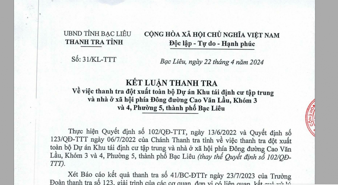 Kết luận thanh tra đột xuất toàn bộ dự án Khu tái định cư tập trung và nhà ở xã hội phía Đông đường Cao Văn Lầu của Công ty Thiên Long. Kết luận thanh tra đột xuất toàn bộ dự án Khu tái định cư tập trung và nhà ở xã hội phía Đông đường Cao Văn Lầu của Công ty Thiên Long.