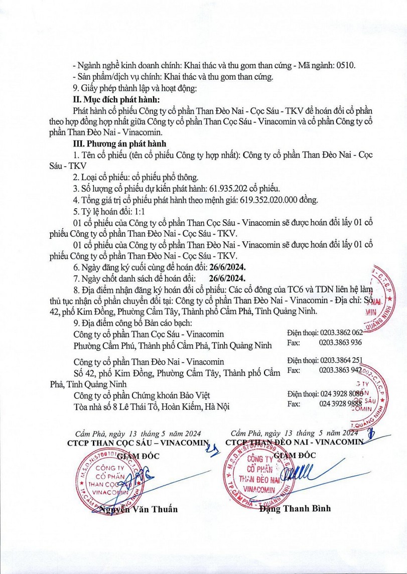 Công ty cổ phần Than Đèo Nai-Vinacomin, Công ty cổ phần Than Cọc Sáu-Vinacomin Thông báo phát hành cổ phiếu để hoán đổi theo hợp đồng hợp nhất Công ty cổ phần Than Đèo Nai-Vinacomin, Công ty cổ phần Than Cọc Sáu-Vinacomin Thông báo phát hành cổ phiếu để hoán đổi theo hợp đồng hợp nhất