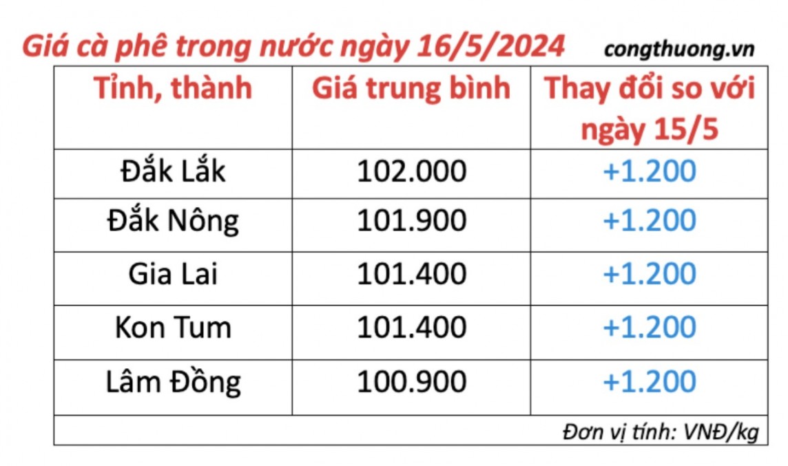 Giá cà phê hôm nay, 16/5/2024: Giá cà phê trong nước tăng trở lại Giá cà phê hôm nay, 16/5/2024: Giá cà phê trong nước tăng trở lại