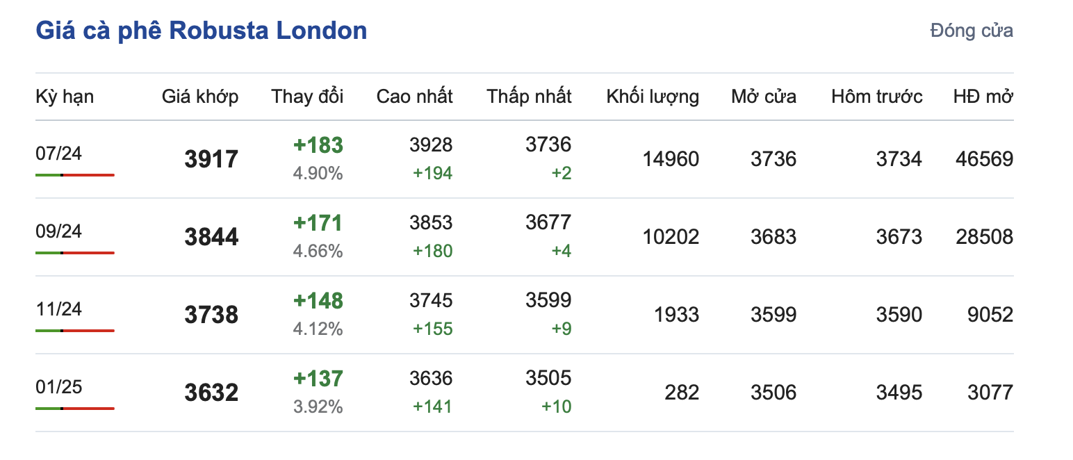 Giá cà phê 23/5, Giá cà phê Robusta London ngày 23/5/2024 Giá cà phê 23/5, Giá cà phê Robusta London ngày 23/5/2024