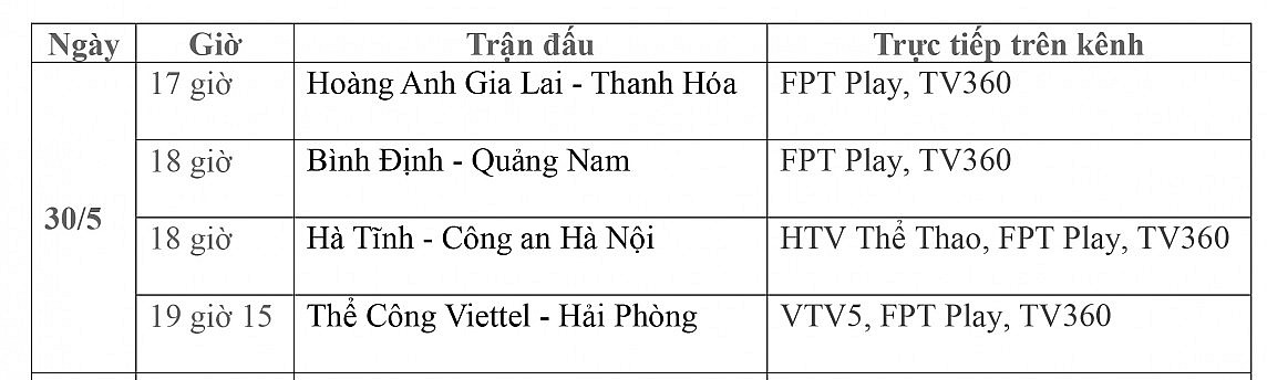 Lịch thi đấu trực tiếp vòng 21 V-League 2023/2024 ngày 30/5: HAGL-Thanh Hóa, Bình Định-Quảng Nam, Hà Tĩnh-CAHN, Thể công Viettel-Hải Phòng