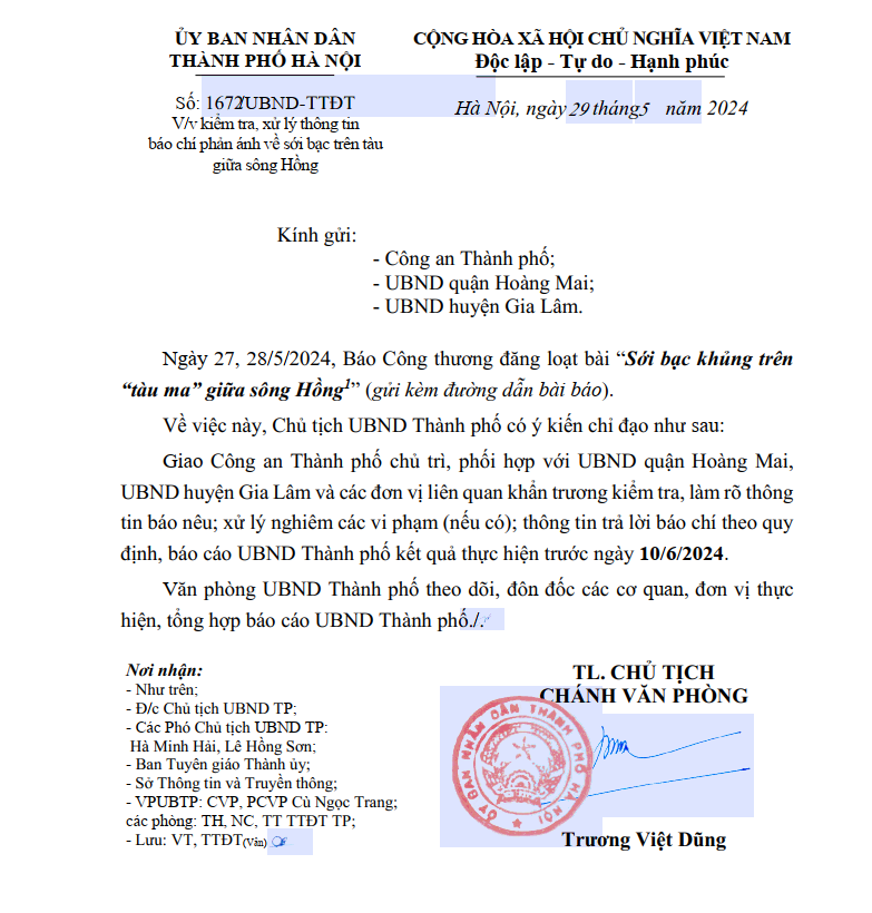 Sới bạc khủng trên “tàu ma” giữa sông Hồng: Giao Công an Hà Nội xác minh Sới bạc khủng trên “tàu ma” giữa sông Hồng: Giao Công an Hà Nội xác minh