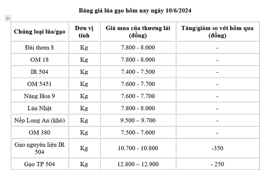 Giá lúa gạo hôm nay ngày 10/6/2024: Giá lúa ổn định Giá lúa gạo hôm nay ngày 10/6/2024: Giá lúa ổn định