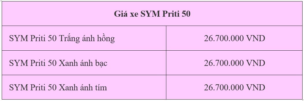 Giá xe máy SYM Priti 50 12/6/2024: Xe tay ga 50cc hoàn hảo giành cho học sinh Giá xe máy SYM Priti 50 12/6/2024: Xe tay ga 50cc hoàn hảo giành cho học sinh