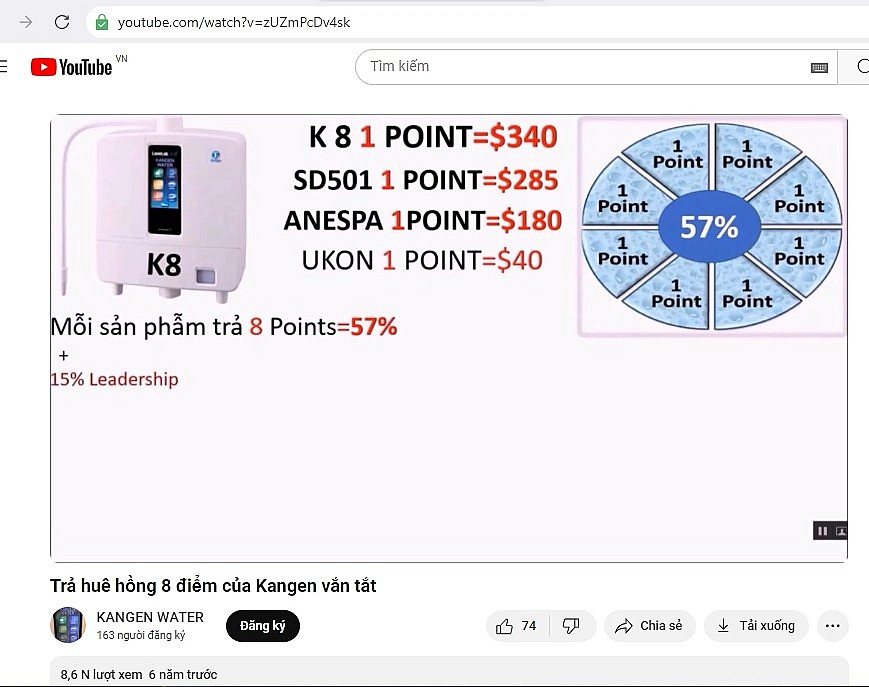 Công ty Kangen Hoàn Nguyên trả thường theo mô hình kim tự tháp. (Ảnh chụp màn hình). Công ty Kangen Hoàn Nguyên trả thường theo mô hình kim tự tháp. (Ảnh chụp màn hình).