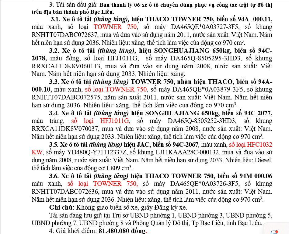 Bạc Liêu đấu giá 06 xe ô tô còn niên hạn, giá khởi điểm 81,48 tỷ đồng Bạc Liêu đấu giá 06 xe ô tô còn niên hạn, giá khởi điểm 81,48 tỷ đồng