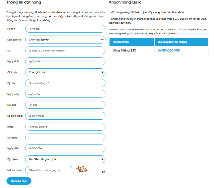 Hướng dẫn cách mua vàng miếng SJC trực tuyến tại VietinBank