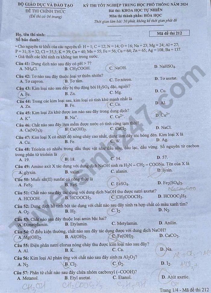 Cập nhật Đề thi và đáp án môn Hoá học mã đề 212 tốt nghiệp THPT 2024 Cập nhật Đề thi và đáp án môn Hoá học mã đề 212 tốt nghiệp THPT 2024
