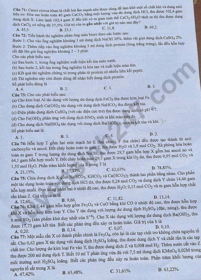 Cập nhật Đề thi và đáp án môn Hoá học mã đề 212 tốt nghiệp THPT 2024 Cập nhật Đề thi và đáp án môn Hoá học mã đề 212 tốt nghiệp THPT 2024