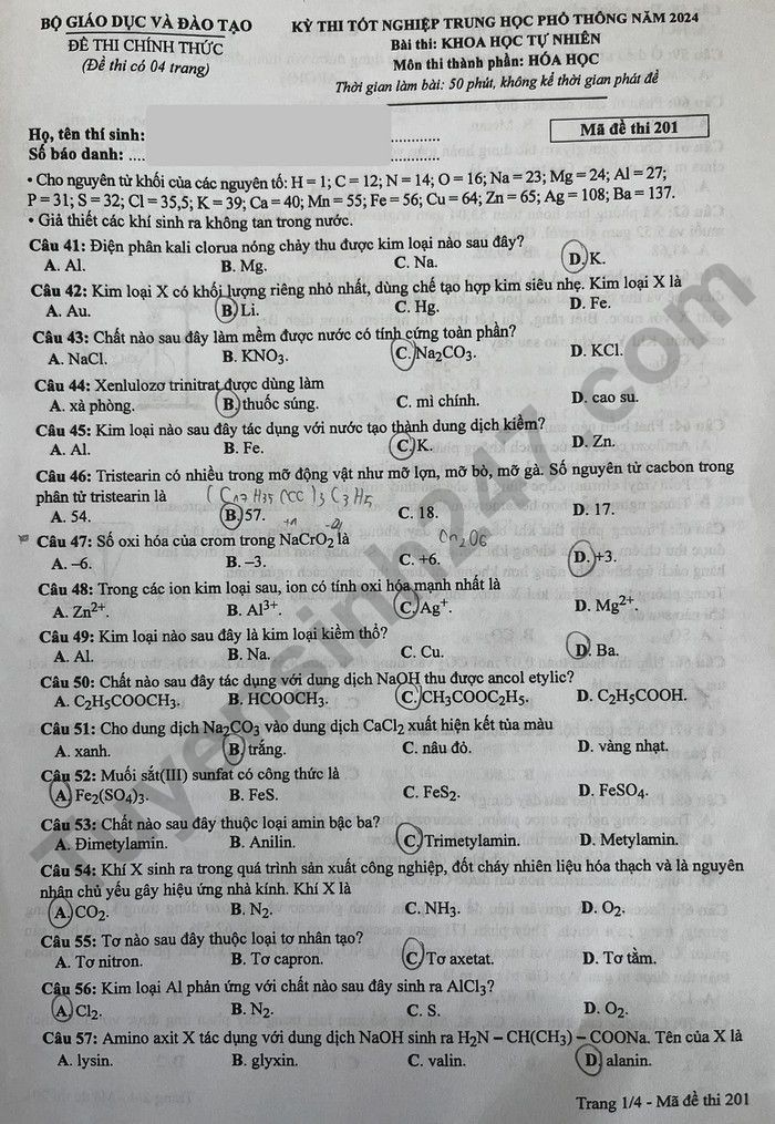 Cập nhật Đề thi và đáp án môn Hoá học mã đề 201 tốt nghiệp THPT 2024 Cập nhật Đề thi và đáp án môn Hoá học mã đề 201 tốt nghiệp THPT 2024