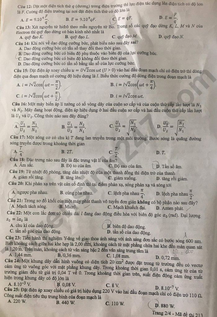 Cập nhật Đề thi và đáp án môn Vật lý mã 213 tốt nghiệp THPT 2024 Cập nhật Đề thi và đáp án môn Vật lý mã 213 tốt nghiệp THPT 2024