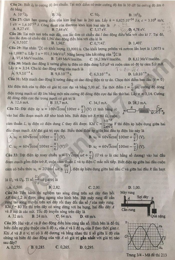 Cập nhật Đề thi và đáp án môn Vật lý mã 213 tốt nghiệp THPT 2024 Cập nhật Đề thi và đáp án môn Vật lý mã 213 tốt nghiệp THPT 2024