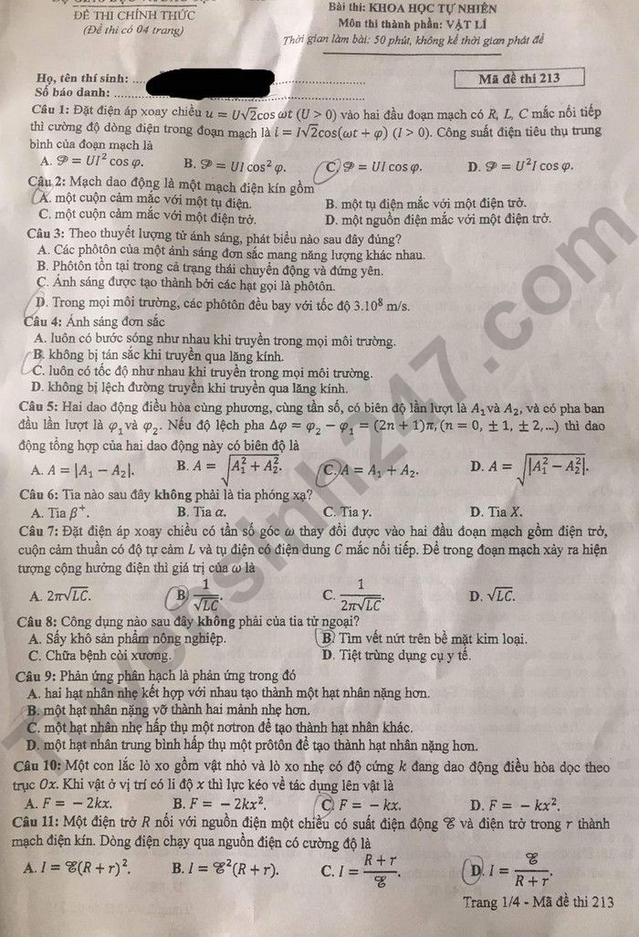 Cập nhật Đề thi và đáp án môn Vật lý mã 213 tốt nghiệp THPT 2024 Cập nhật Đề thi và đáp án môn Vật lý mã 213 tốt nghiệp THPT 2024