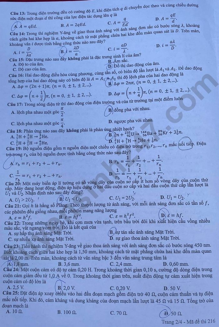 Cập nhật Đề thi và đáp án môn Vật lý mã 216 tốt nghiệp THPT 2024 Cập nhật Đề thi và đáp án môn Vật lý mã 216 tốt nghiệp THPT 2024