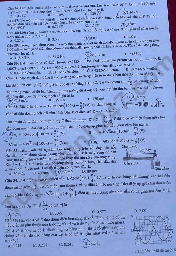 Cập nhật Đề thi và đáp án môn Vật lý mã 216 tốt nghiệp THPT 2024 Cập nhật Đề thi và đáp án môn Vật lý mã 216 tốt nghiệp THPT 2024
