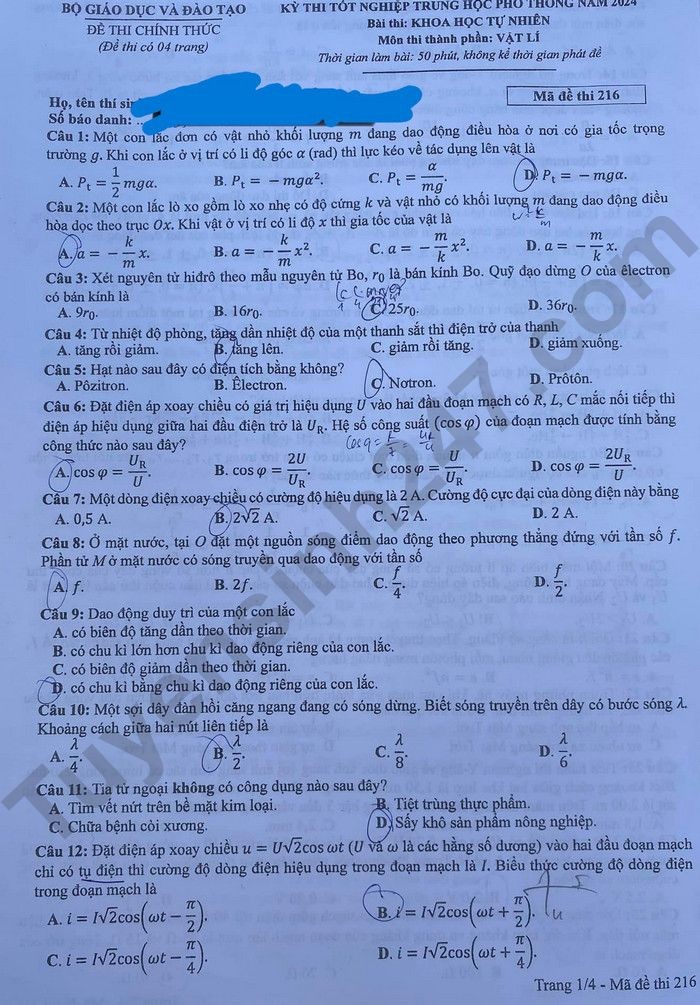 Cập nhật Đề thi và đáp án môn Vật lý mã 216 tốt nghiệp THPT 2024 Cập nhật Đề thi và đáp án môn Vật lý mã 216 tốt nghiệp THPT 2024