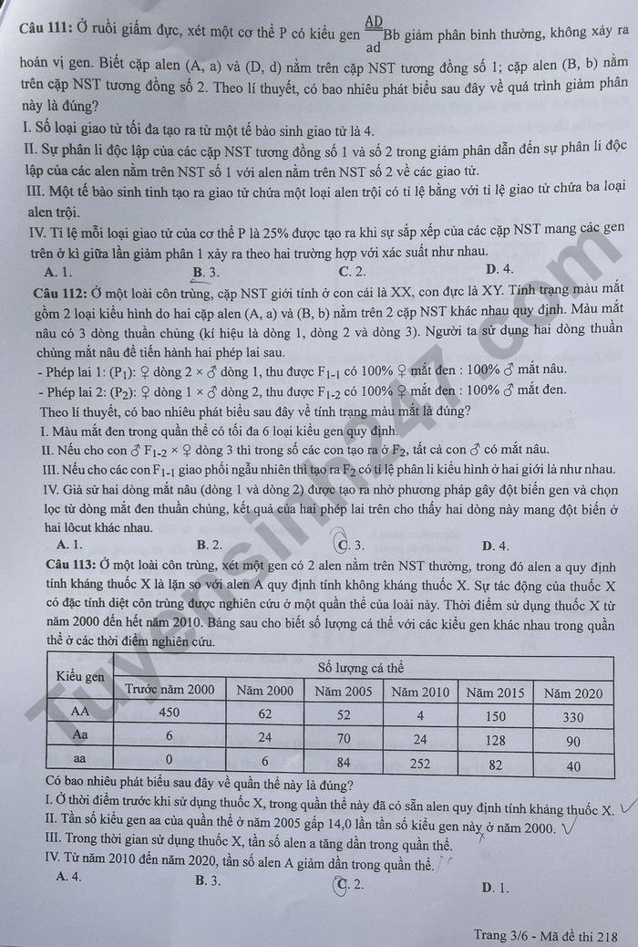 Dap an de thi tot nghiep THPT 2024 mon Sinh - Ma de 218