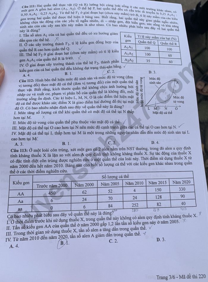 Dap an de thi mon Sinh ma de 220 tot nghiep THPT 2024