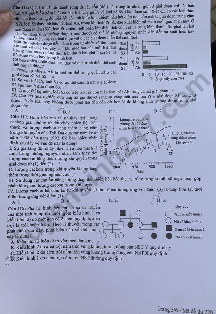 Dap an de thi mon Sinh ma de 220 tot nghiep THPT 2024