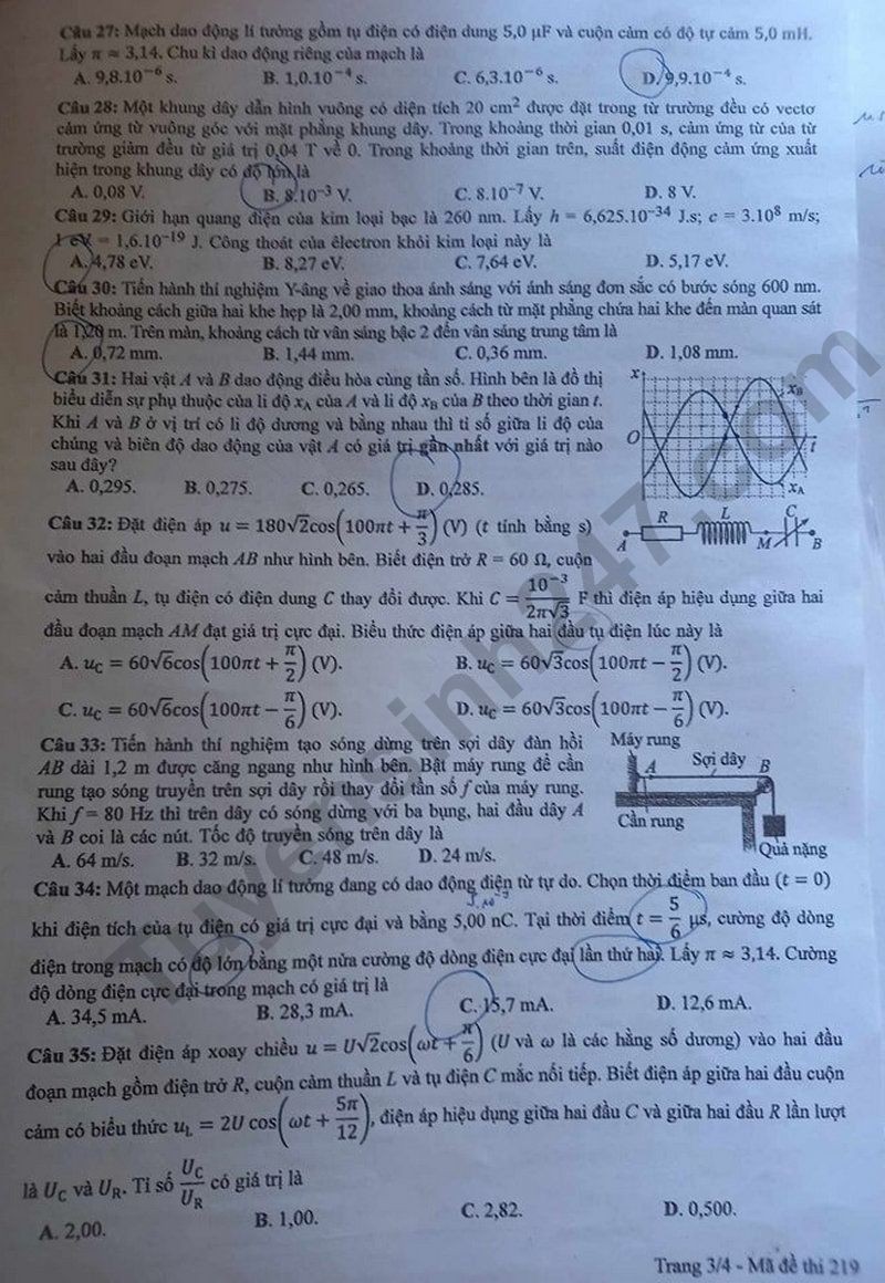 Cập nhật Đề thi và đáp án môn Vật lý mã 219 tốt nghiệp THPT 2024