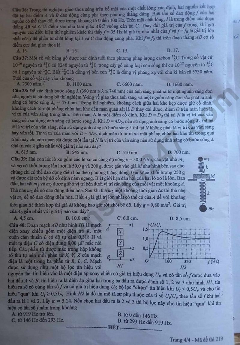 Cập nhật Đề thi và đáp án môn Vật lý mã 219 tốt nghiệp THPT 2024