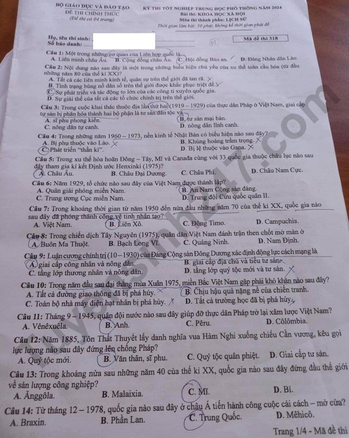 Cập nhật Đề thi và đáp án môn Lịch sử mã 318 tốt nghiệp THPT 2024 Cập nhật Đề thi và đáp án môn Lịch sử mã 318 tốt nghiệp THPT 2024