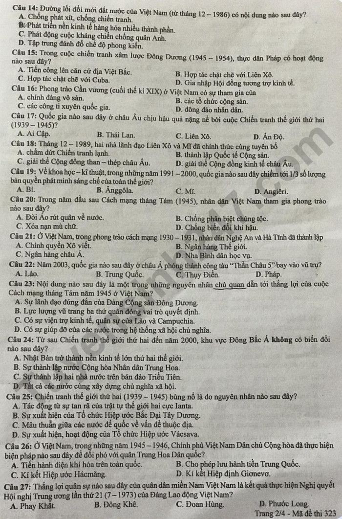 Cập nhật Đề thi và đáp án môn Lịch sử mã 323 tốt nghiệp THPT 2024 Cập nhật Đề thi và đáp án môn Lịch sử mã 323 tốt nghiệp THPT 2024