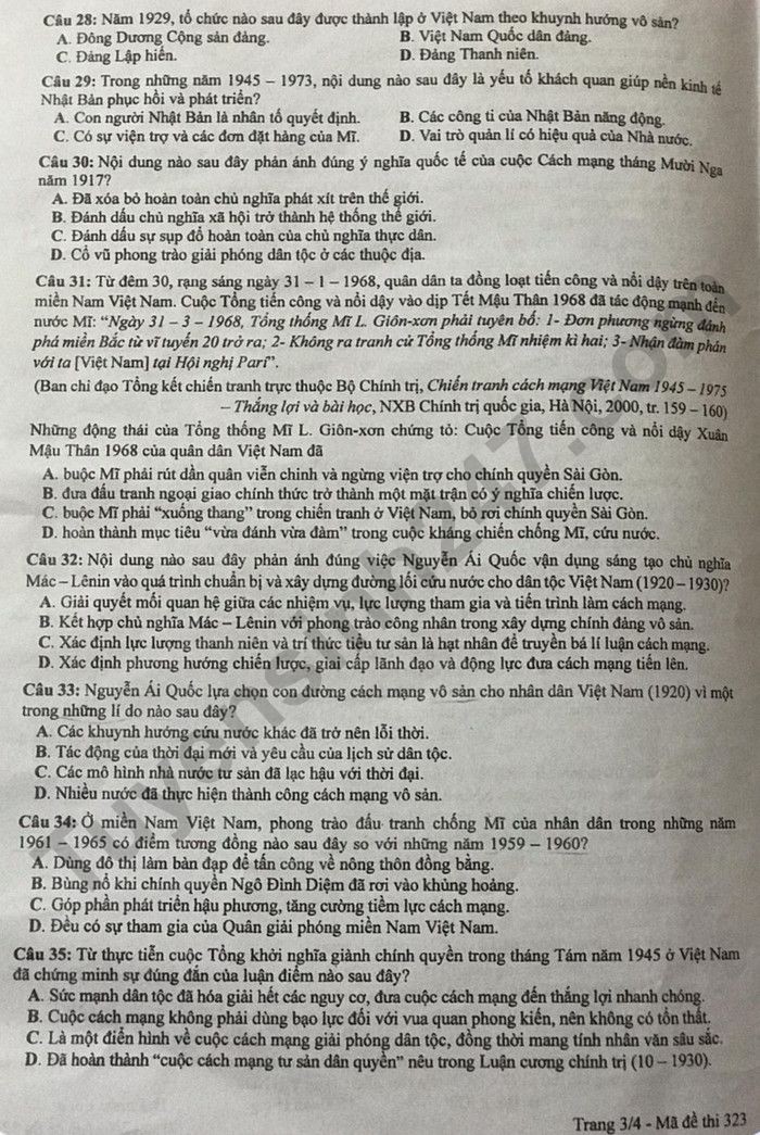 Cập nhật Đề thi và đáp án môn Lịch sử mã 323 tốt nghiệp THPT 2024 Cập nhật Đề thi và đáp án môn Lịch sử mã 323 tốt nghiệp THPT 2024
