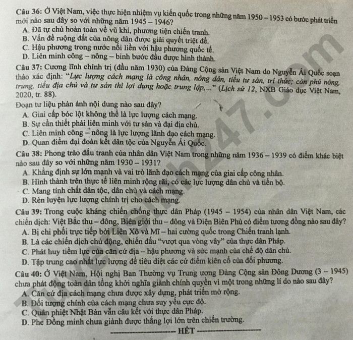 Cập nhật Đề thi và đáp án môn Lịch sử mã 323 tốt nghiệp THPT 2024 Cập nhật Đề thi và đáp án môn Lịch sử mã 323 tốt nghiệp THPT 2024