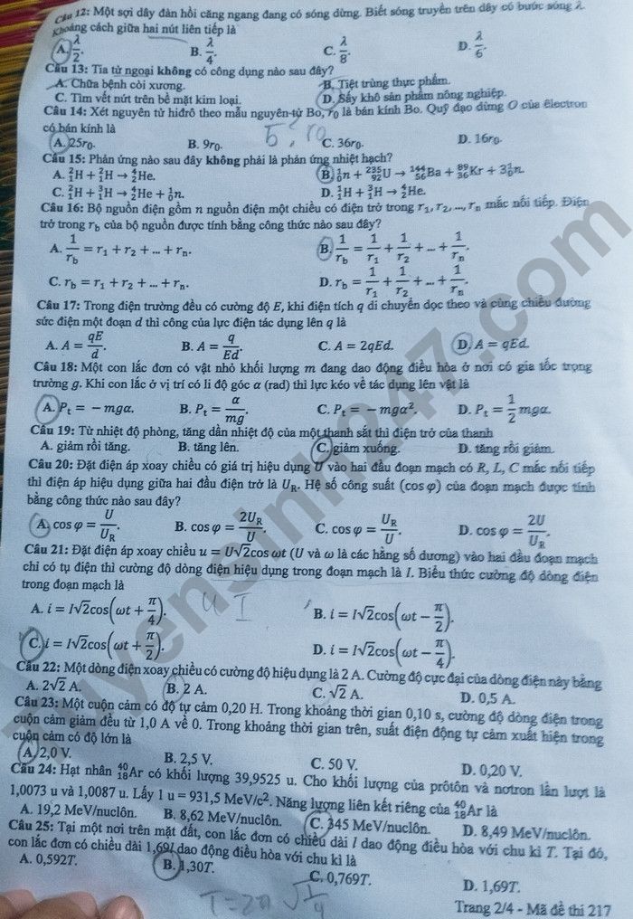 Dap an de thi tot nghiep THPT mon Ly 2024 - Ma de 217