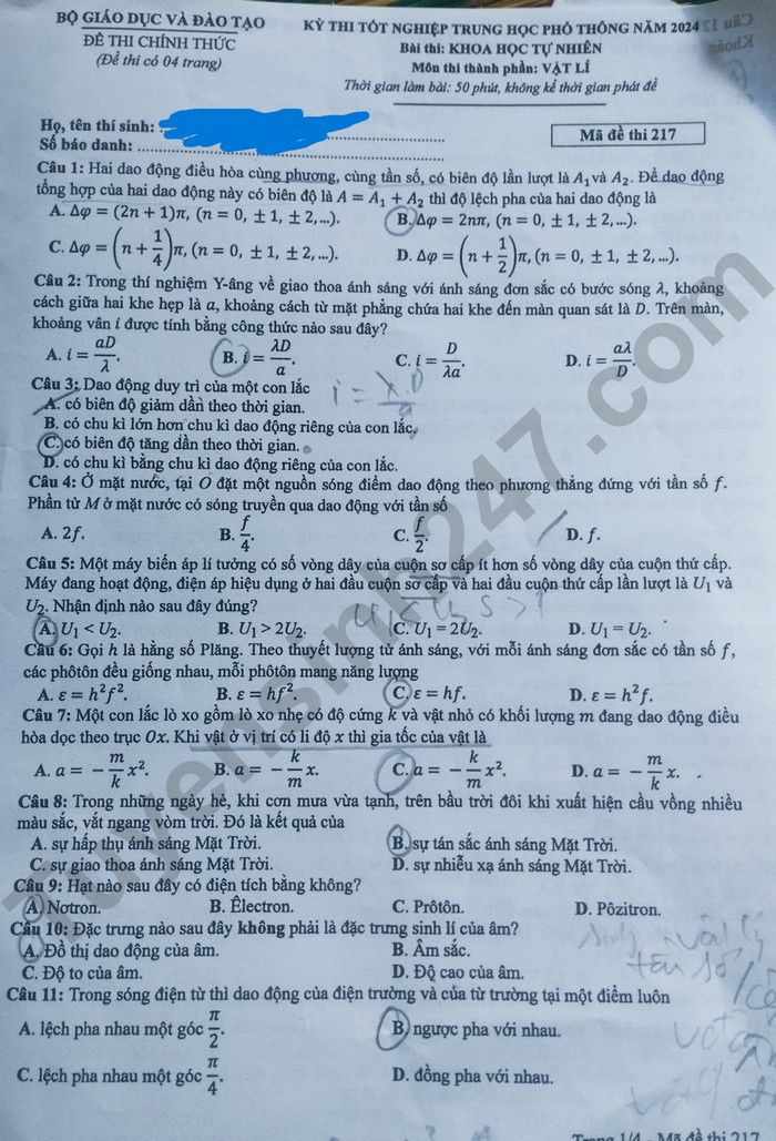 Dap an de thi tot nghiep THPT mon Ly 2024 - Ma de 217