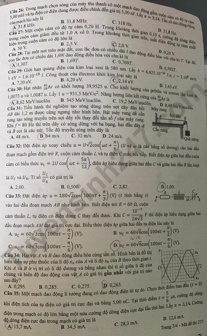 Dap an de thi mon Ly ma de 223 tot nghiep THPT 2024