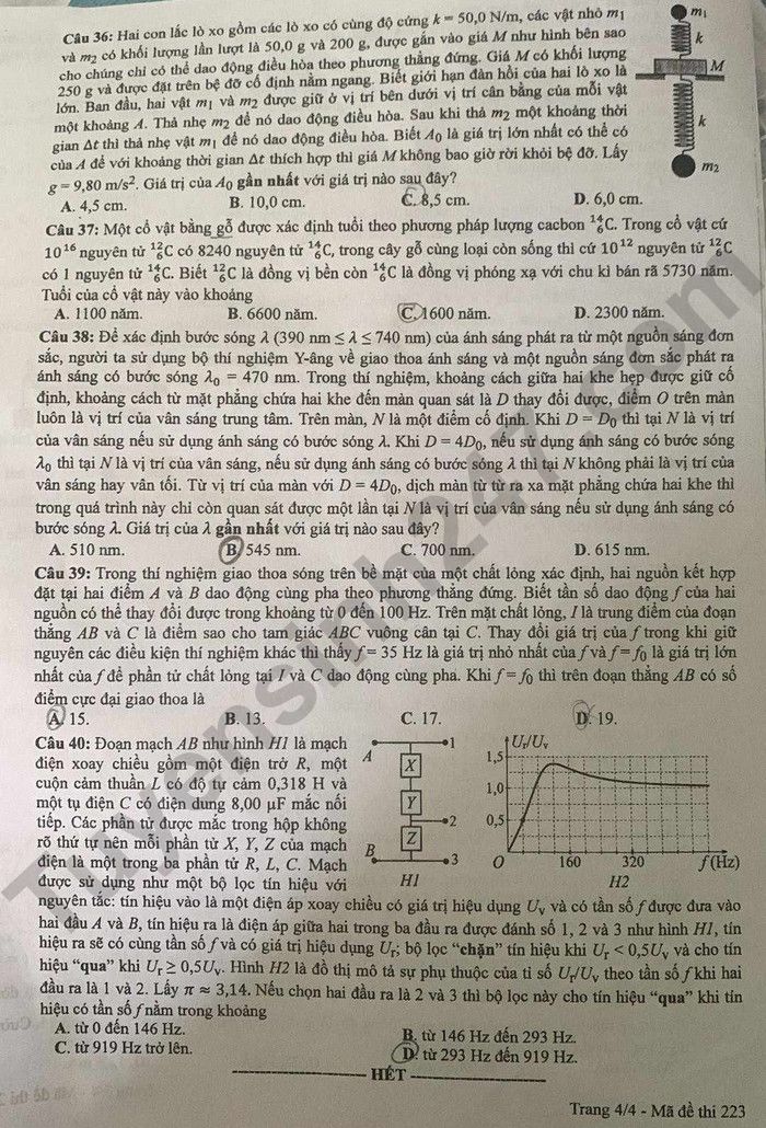 Dap an de thi mon Ly ma de 223 tot nghiep THPT 2024