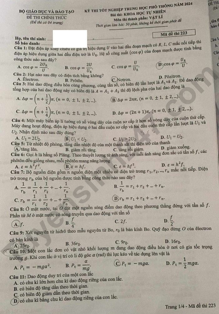 Dap an de thi mon Ly ma de 223 tot nghiep THPT 2024