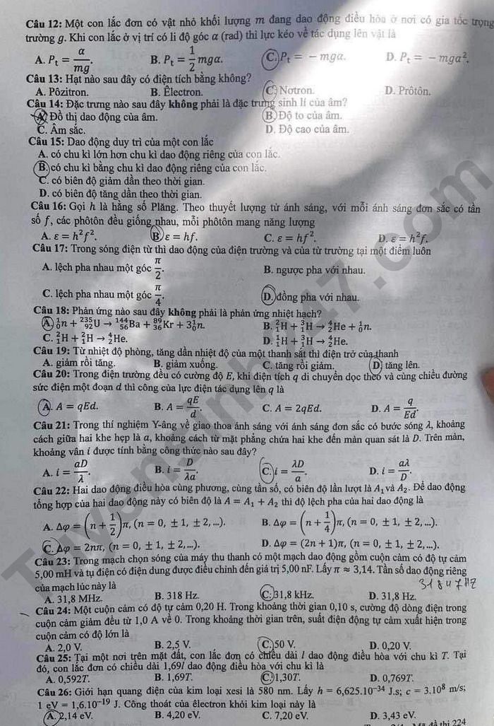 Dap an de thi mon Ly ma de 224 - Tot nghiep THPT 2024