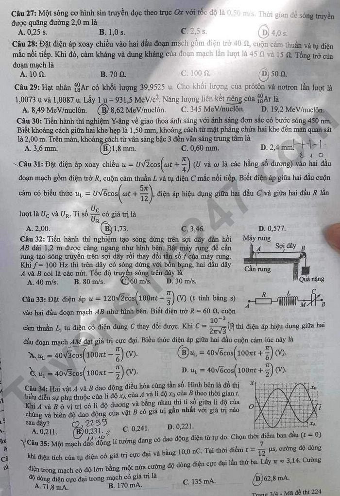 Dap an de thi mon Ly ma de 224 - Tot nghiep THPT 2024