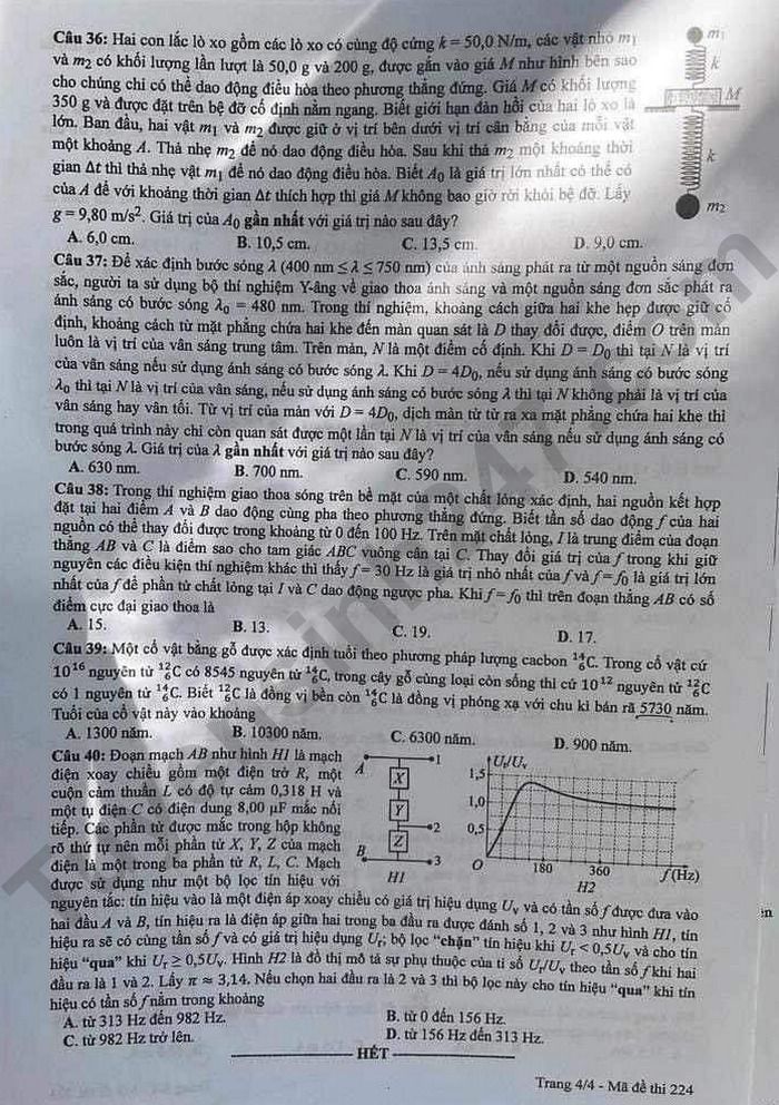 Dap an de thi mon Ly ma de 224 - Tot nghiep THPT 2024