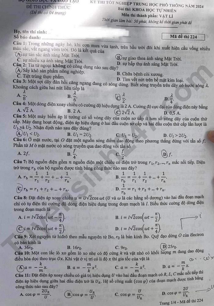 Dap an de thi mon Ly ma de 224 - Tot nghiep THPT 2024