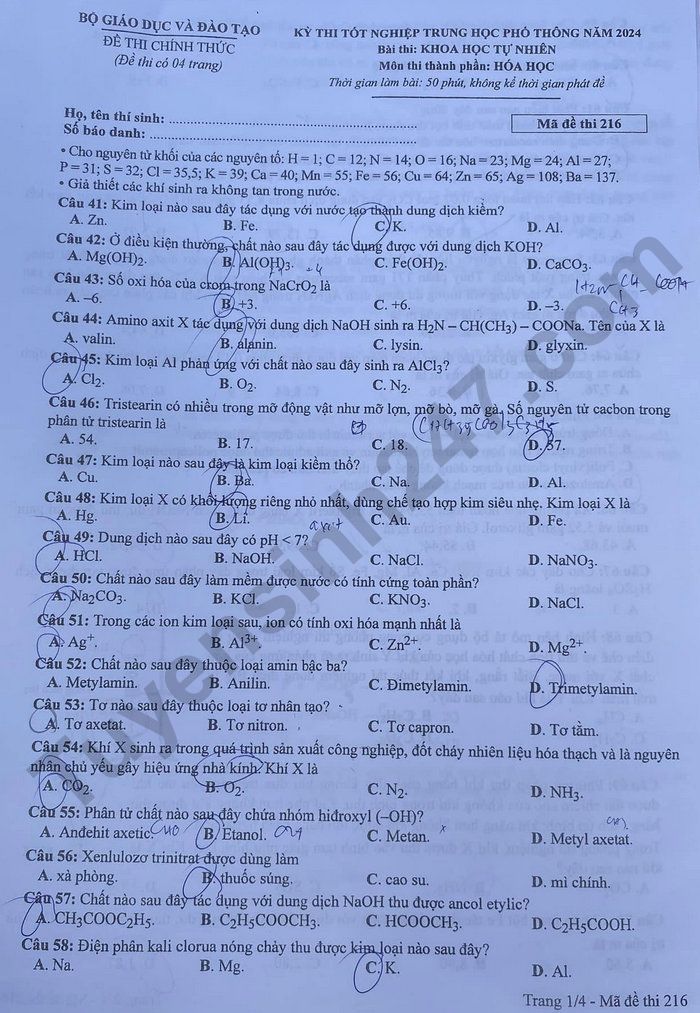 Dap an de thi mon Hoa ma de 216 - Tot nghiep THPT 2024