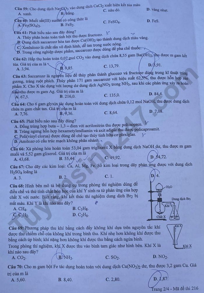 Dap an de thi mon Hoa ma de 216 - Tot nghiep THPT 2024