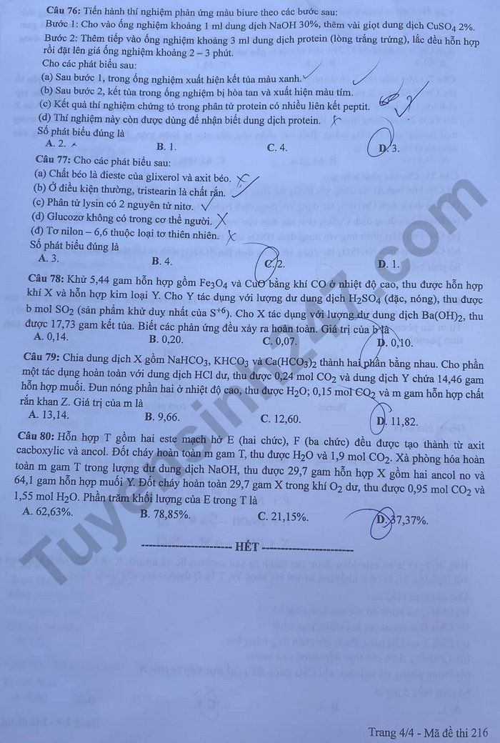 Dap an de thi mon Hoa ma de 216 - Tot nghiep THPT 2024