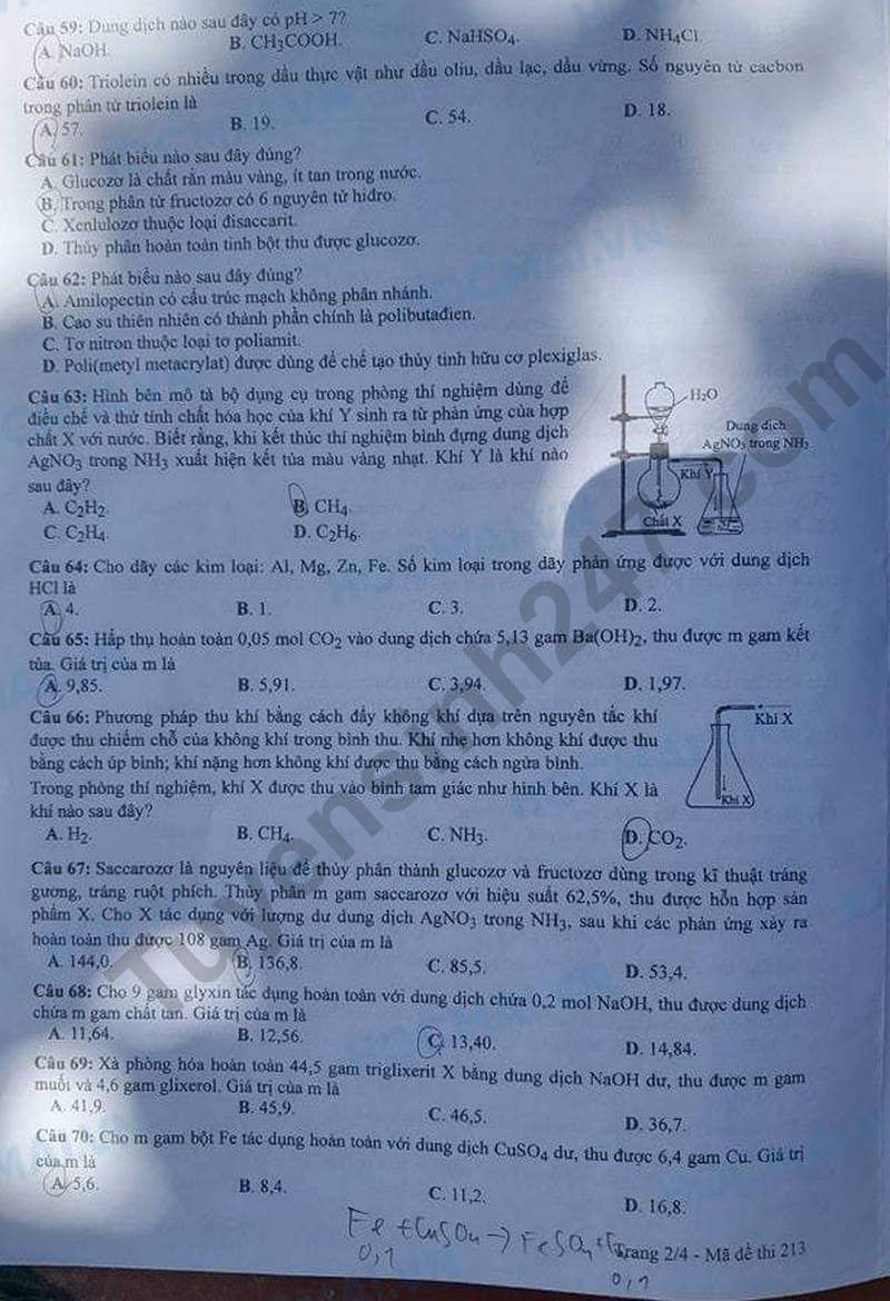 Dap an de thi mon Hoa ma de 213 tot nghiep THPT 2024