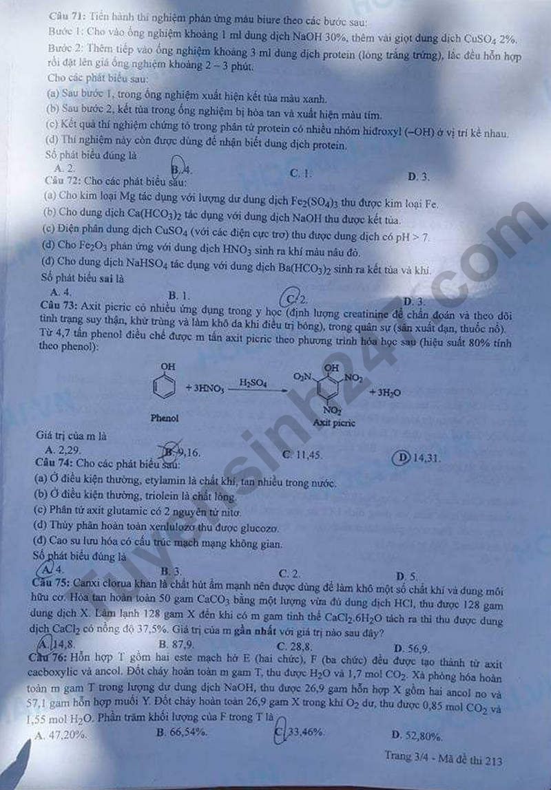 Dap an de thi mon Hoa ma de 213 tot nghiep THPT 2024