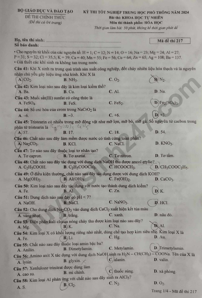 Dap an de thi tot nghiep THPT 2024 mon Hoa ma de 217